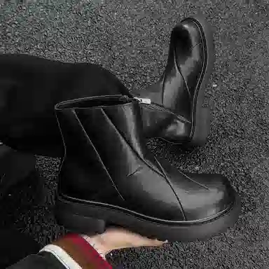 季季駺品 超纤皮 工装 时尚百搭 厚底舒适 短靴 男女同款 黑色