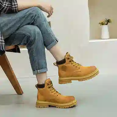 季季駺品 头层猪皮 舒适时尚 短筒 马丁靴 男女同款 黄色