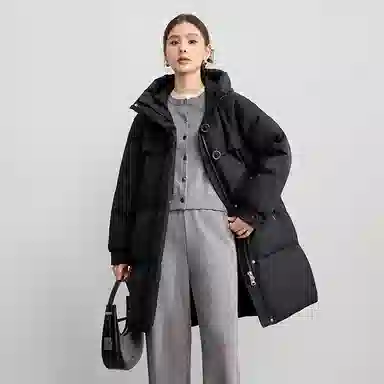 雅鹿 时尚休闲纯色拉链简约长袖中长款连帽廓形加厚保暖羽绒服 女款