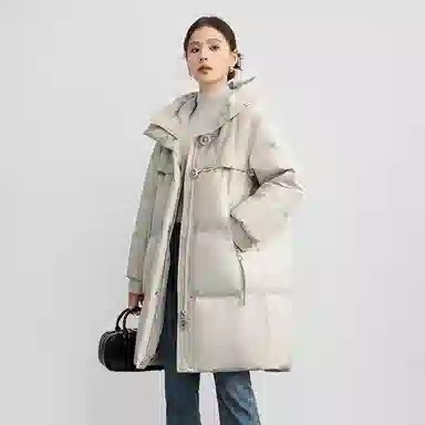 雅鹿 时尚休闲纯色拉链简约长袖中长款连帽廓形加厚保暖羽绒服 女款