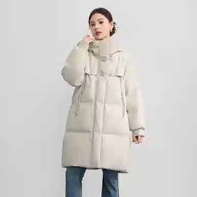 雅鹿 时尚休闲纯色拉链简约长袖中长款连帽廓形加厚保暖羽绒服 女款