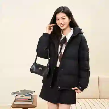 雅鹿 短款可拆卸连帽保暖纯色羽绒服 女款