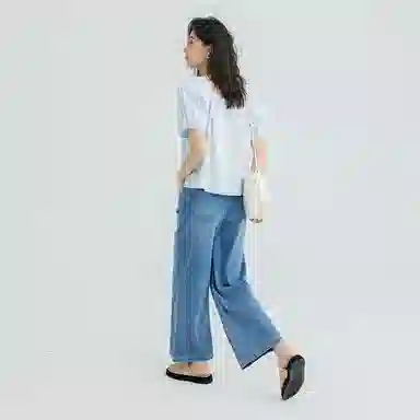 【dme】 休闲简约纯色方领短袖衬衫 女款 浅蓝