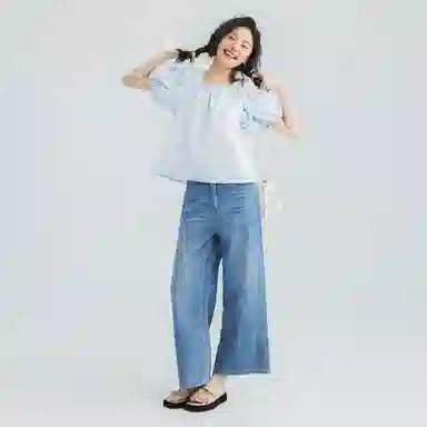 【dme】 休闲简约纯色方领短袖衬衫 女款 浅蓝