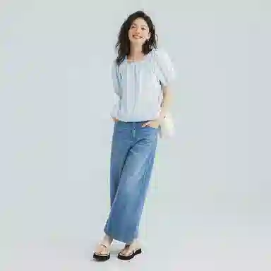 【dme】 休闲简约纯色方领短袖衬衫 女款 浅蓝