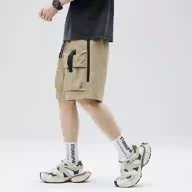 玉儿恋 美式复古高街机能风大口袋双织带纯色宽松工装轻薄透气速干百搭五分裤短裤 男女同款