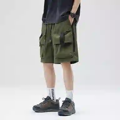 玉儿恋 美式复古高街机能风大口袋双织带纯色宽松工装轻薄透气速干百搭五分裤短裤 男女同款