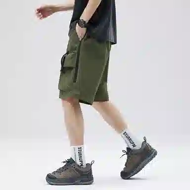 玉儿恋 美式复古高街机能风大口袋双织带纯色宽松工装轻薄透气速干百搭五分裤短裤 男女同款