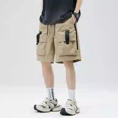 玉儿恋 美式复古高街机能风大口袋双织带纯色宽松工装轻薄透气速干百搭五分裤短裤 男女同款