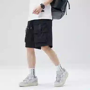 玉儿恋 美式复古高街机能风大口袋双织带纯色宽松工装轻薄透气速干百搭五分裤短裤 男女同款
