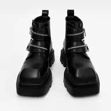 燃启 超纤皮 方头烟筒靴 发型师 短靴 男款 黑色