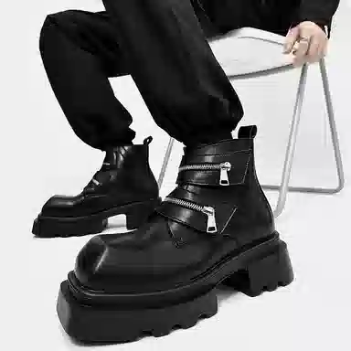 燃启 超纤皮 方头烟筒靴 发型师 短靴 男款 黑色