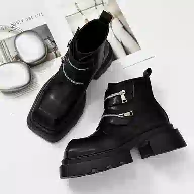 燃启 超纤皮 方头烟筒靴 发型师 短靴 男款 黑色