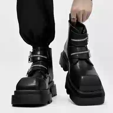 燃启 超纤皮 方头烟筒靴 发型师 短靴 男款 黑色