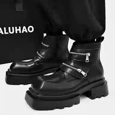 燃启 超纤皮 方头烟筒靴 发型师 短靴 男款 黑色