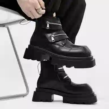 燃启 超纤皮 方头烟筒靴 发型师 短靴 男款 黑色