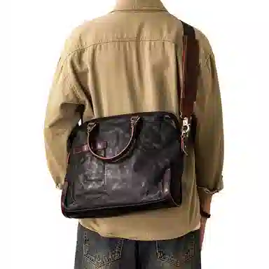 后步 不撞款设计复古百搭休闲商务日常通勤 头层牛皮 公文包 男款 黑色