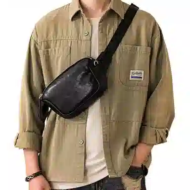 后步 小众设计高级小巧轻便简约通勤休闲 进口植鞣头层牛皮 背包斜挎包胸包腰包 小号 男女同款情侣款 黑色