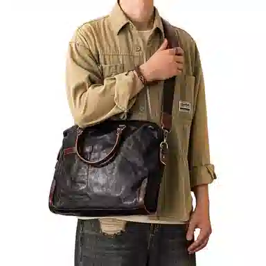 后步 不撞款设计复古百搭休闲商务日常通勤 头层牛皮 公文包 男款 黑色