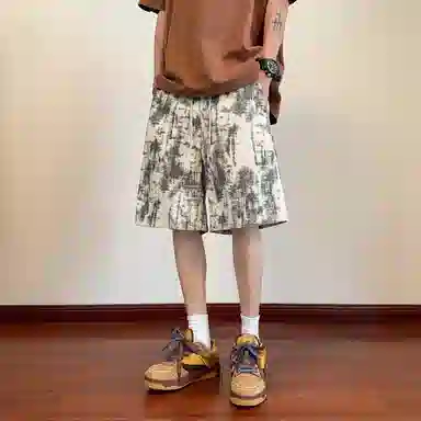 美式复古扎染渐变条纹工装五分运动透气休闲短裤 男女同款