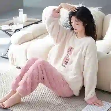 花季的故事 韩版加厚时尚活力简约储温耐磨柔软防风保暖亲肤舒适长袖松紧腰头长裤可外穿睡衣套装 女款 白色