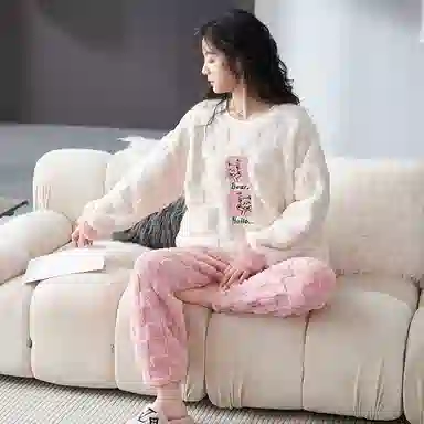 花季的故事 韩版加厚时尚活力简约储温耐磨柔软防风保暖亲肤舒适长袖松紧腰头长裤可外穿睡衣套装 女款 白色