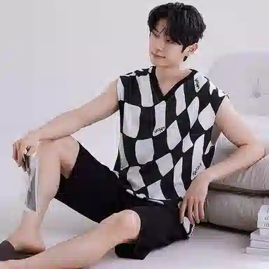 花季的故事 可外穿简约韩版格子松紧腰短裤睡衣套装 男款 黑白