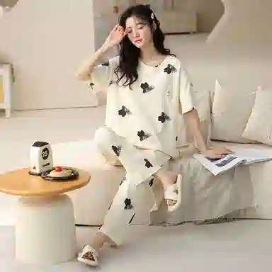 花季的故事 透气圆领短袖上衣舒适中腰长裤薄款短裤三件套睡衣套装 女款 杏色