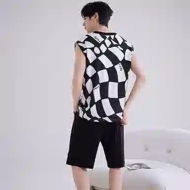 花季的故事 可外穿简约韩版格子松紧腰短裤睡衣套装 男款 黑白