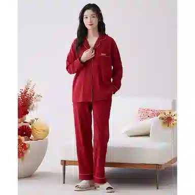 花季的故事 国风细腻亲肤微弹吸湿透气开衫翻领长袖长裤可外穿的居家服睡衣套装 女款 红色