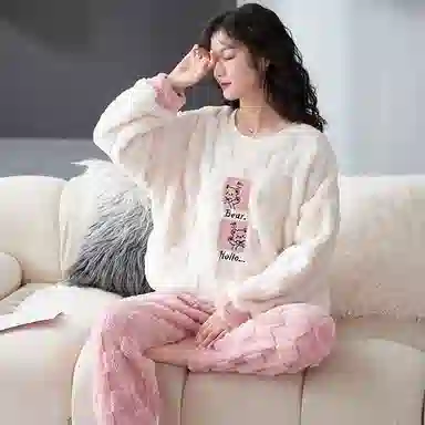 花季的故事 韩版加厚时尚活力简约储温耐磨柔软防风保暖亲肤舒适长袖松紧腰头长裤可外穿睡衣套装 女款 白色