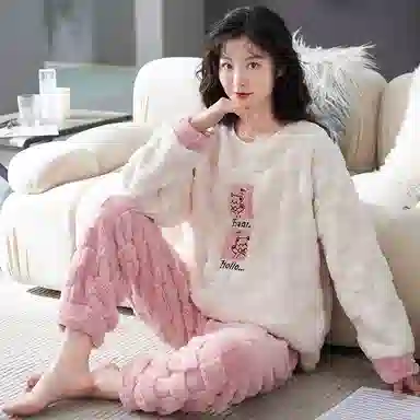 花季的故事 韩版加厚时尚活力简约储温耐磨柔软防风保暖亲肤舒适长袖松紧腰头长裤可外穿睡衣套装 女款 白色