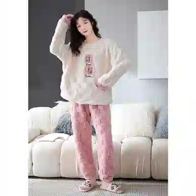 花季的故事 韩版加厚时尚活力简约储温耐磨柔软防风保暖亲肤舒适长袖松紧腰头长裤可外穿睡衣套装 女款 白色