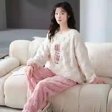 花季的故事 韩版加厚时尚活力简约储温耐磨柔软防风保暖亲肤舒适长袖松紧腰头长裤可外穿睡衣套装 女款 白色
