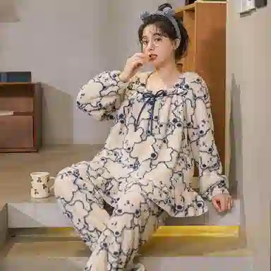 花季的故事 韩版卡通耐磨保暖亲肤透气舒适长袖长裤可外穿家居服睡衣套装 女款 白色