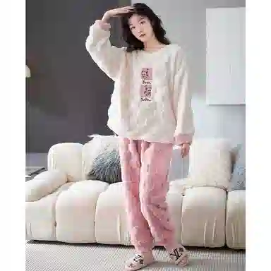 花季的故事 韩版加厚时尚活力简约储温耐磨柔软防风保暖亲肤舒适长袖松紧腰头长裤可外穿睡衣套装 女款 白色