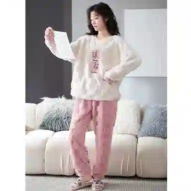 花季的故事 韩版加厚时尚活力简约储温耐磨柔软防风保暖亲肤舒适长袖松紧腰头长裤可外穿睡衣套装 女款 白色