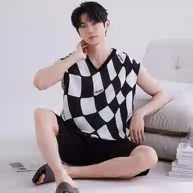 花季的故事 可外穿简约韩版格子松紧腰短裤睡衣套装 男款 黑白