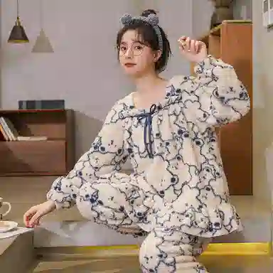 花季的故事 韩版卡通耐磨保暖亲肤透气舒适长袖长裤可外穿家居服睡衣套装 女款 白色