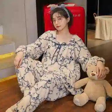 花季的故事 韩版卡通耐磨保暖亲肤透气舒适长袖长裤可外穿家居服睡衣套装 女款 白色