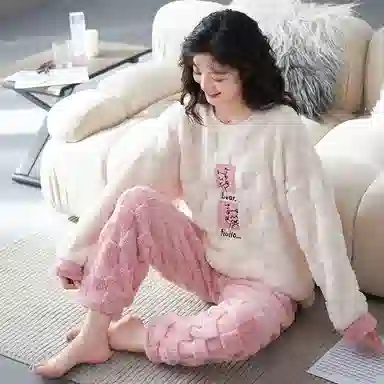 花季的故事 韩版加厚时尚活力简约储温耐磨柔软防风保暖亲肤舒适长袖松紧腰头长裤可外穿睡衣套装 女款 白色