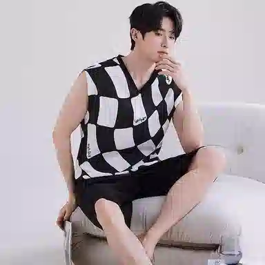 花季的故事 可外穿简约韩版格子松紧腰短裤睡衣套装 男款 黑白