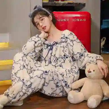 花季的故事 韩版卡通耐磨保暖亲肤透气舒适长袖长裤可外穿家居服睡衣套装 女款 白色