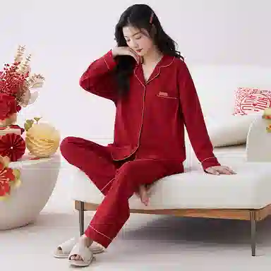 花季的故事 国风细腻亲肤微弹吸湿透气开衫翻领长袖长裤可外穿的居家服睡衣套装 女款 红色