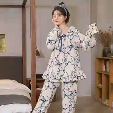 花季的故事 韩版卡通耐磨保暖亲肤透气舒适长袖长裤可外穿家居服睡衣套装 女款 白色