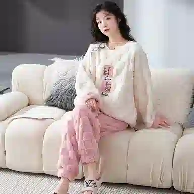 花季的故事 韩版加厚时尚活力简约储温耐磨柔软防风保暖亲肤舒适长袖松紧腰头长裤可外穿睡衣套装 女款 白色