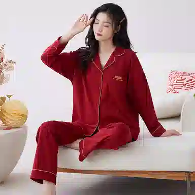 花季的故事 国风细腻亲肤微弹吸湿透气开衫翻领长袖长裤可外穿的居家服睡衣套装 女款 红色