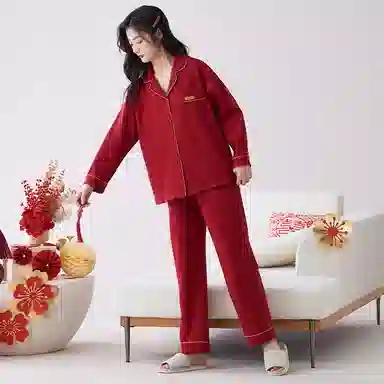 花季的故事 国风细腻亲肤微弹吸湿透气开衫翻领长袖长裤可外穿的居家服睡衣套装 女款 红色