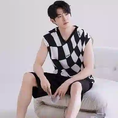 花季的故事 可外穿简约韩版格子松紧腰短裤睡衣套装 男款 黑白