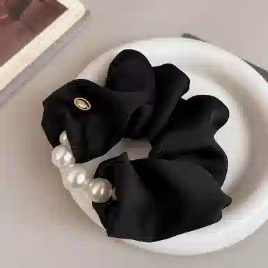 左欧 黑色大肠珍珠韩国名媛风扎头发高颜值高级感头绳发绳头花 缎面 发圈 女款